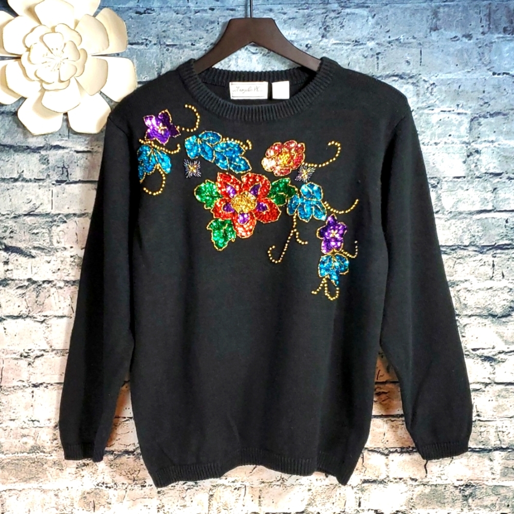 Vintage | Margules Plus 80s Sequin Embellished Floral Black Ramie Sweater
